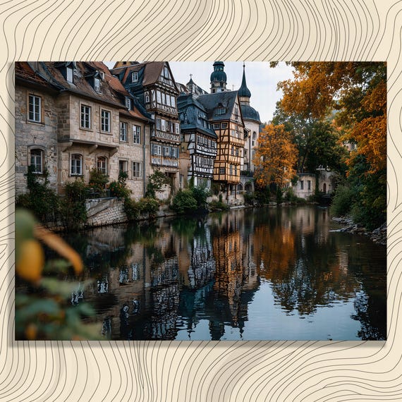 Medieval European Village Half Timbered River Autumn Wall Art