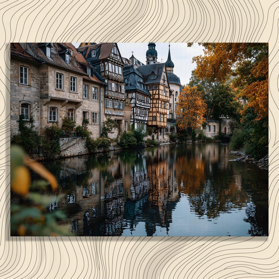 Medieval European Village Half Timbered River Autumn Wall Art