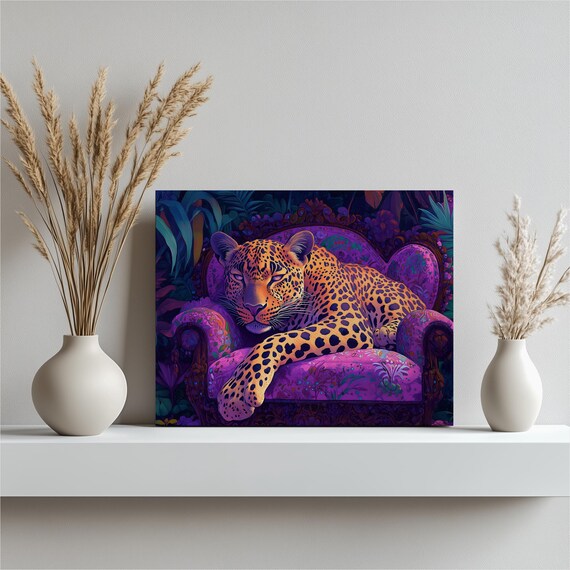 Neon Leopard On Victorian Sofa Poster Magenta Jungle Big Cat Art