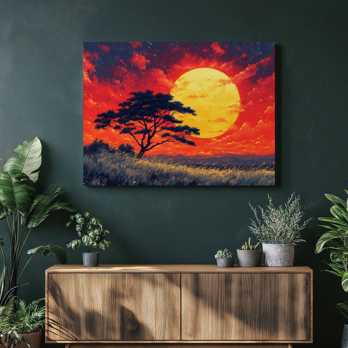 Giant Glowing Moon African Savanna Acacia Tree Sunset Wall Art