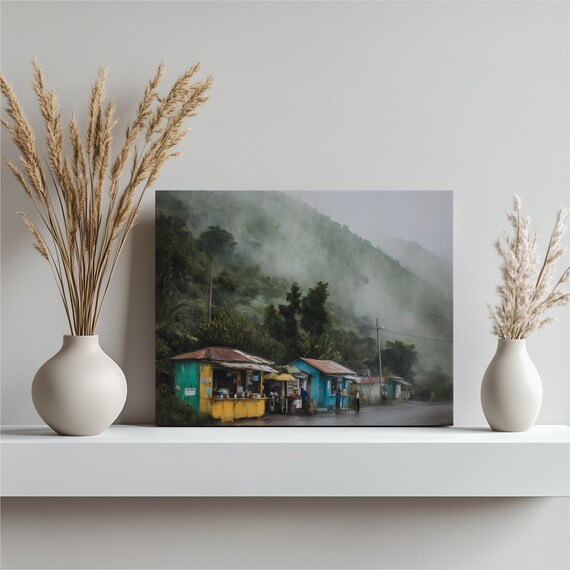 Misty Tropical Mountain Market Colorful Roadside Stalls Wall Art