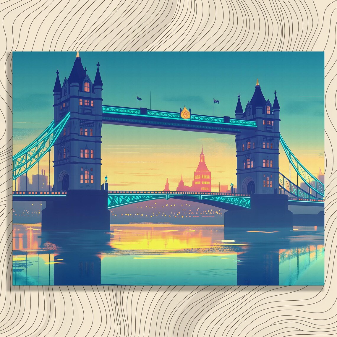 Sunset Bridge Canvas Wall Art Modern Cityscape Water Reflection Print Unique Travel Gift Industrial Architecture Decor Scenic