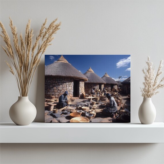 African Basket Weaving Village Artisans Thatched Huts Wall Art