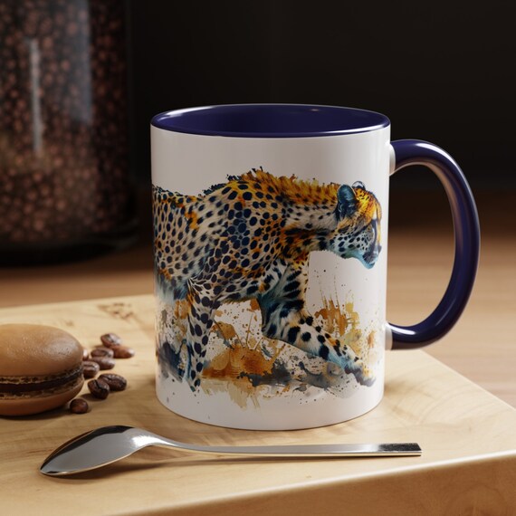 Blue Yellow Cheetah Mug Animal Lover Coffee Tea Nature Present Gift Birthday Holiday Vacation Beautiful Mugs Popular
