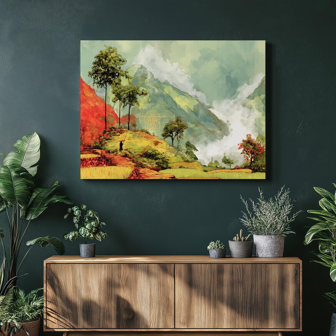 Misty Rice Terrace Valley Poster Lone Traveler Mountain Fog Art