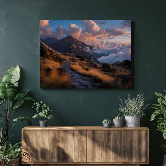Nepal Mountain Sunrise Canvas Wall Art Himalayan Landscape Decor Print Featuring Prayer Flag Trail Golden Grass Path Cloudscape Photo