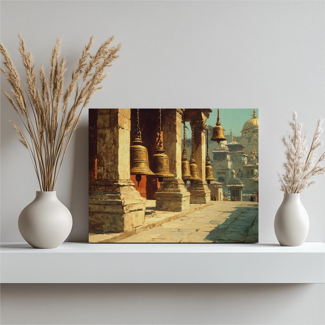 Sunlit Temple Courtyard Hanging Prayer Bells Painting Poster