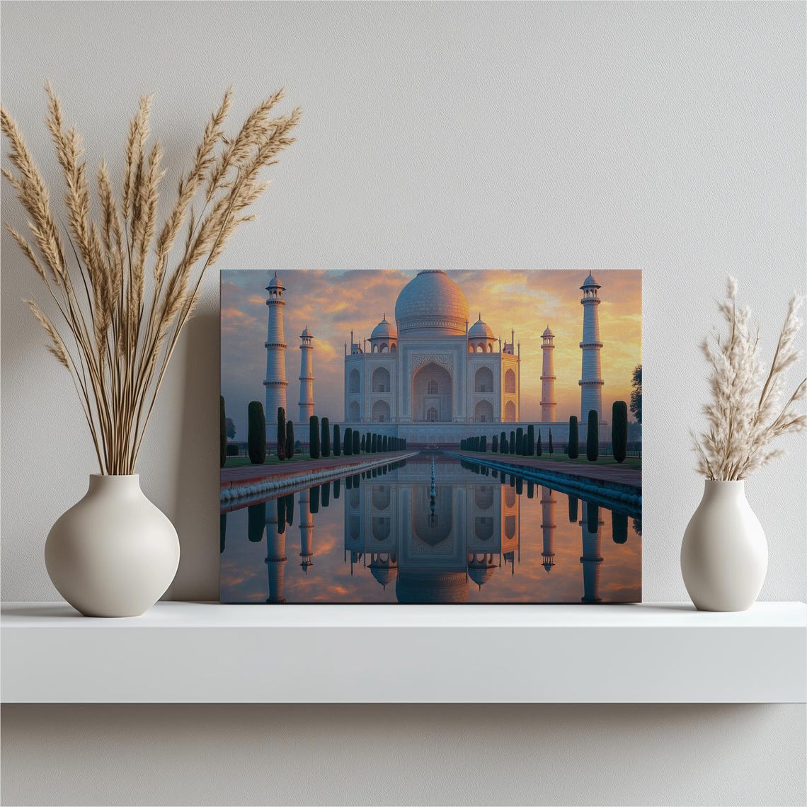 Taj Mahal Sunrise Water Reflection Golden Morning Sky India Poster