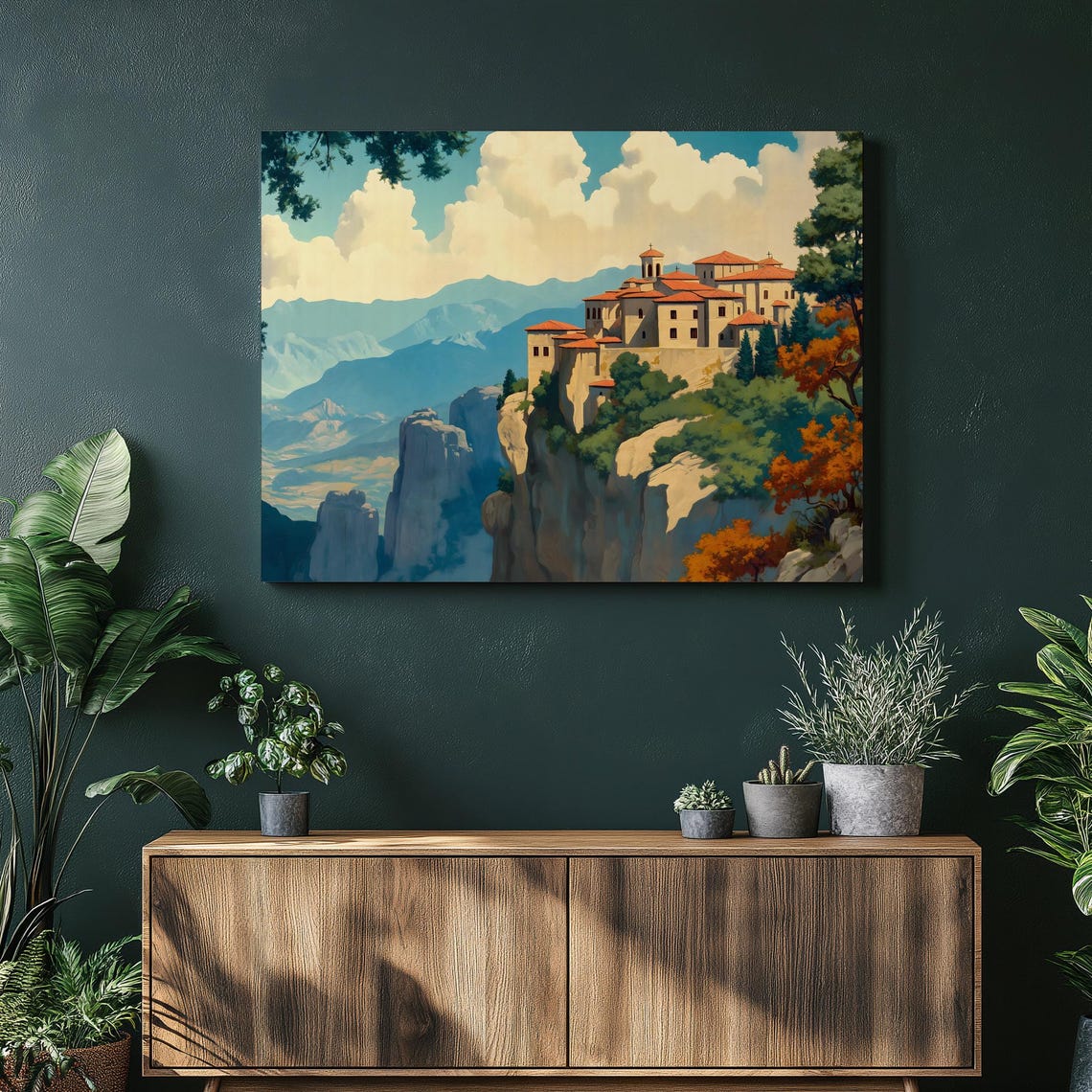 Meteora Greece Cliff Monastery Serene Rock Landscape Art Poster