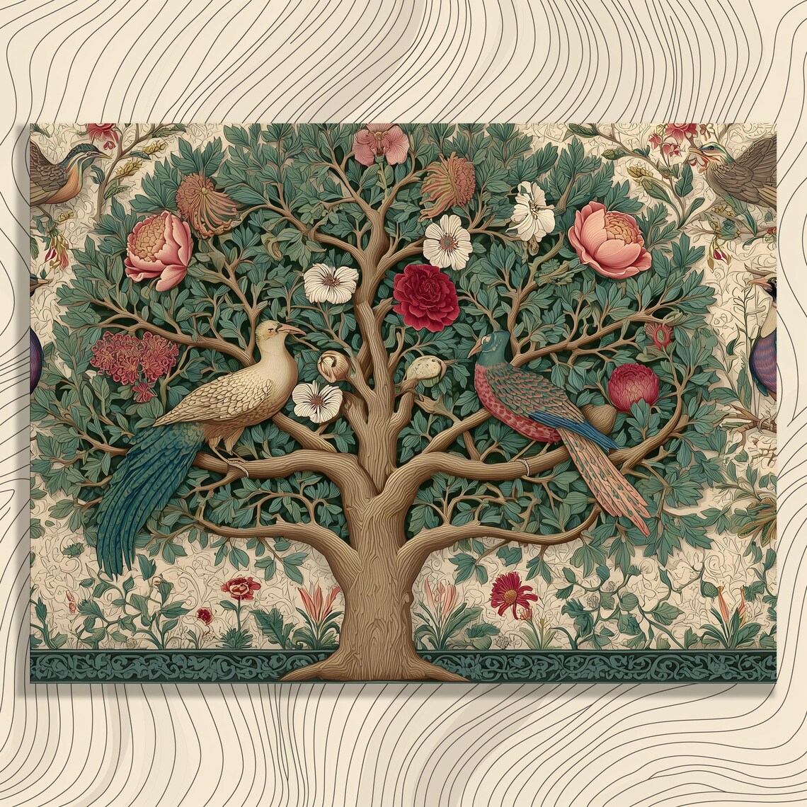 Tree of Life Birds Botanical Canvas Peacock Feathers Floral Art Poster
