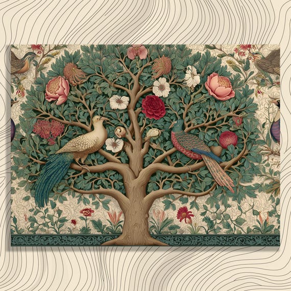 Tree Of Life Canvas Wall Art Vintage Botanical Floral Birds Peony Rose Foliage In Green Beige Tones Ornate Branches Nature Decor