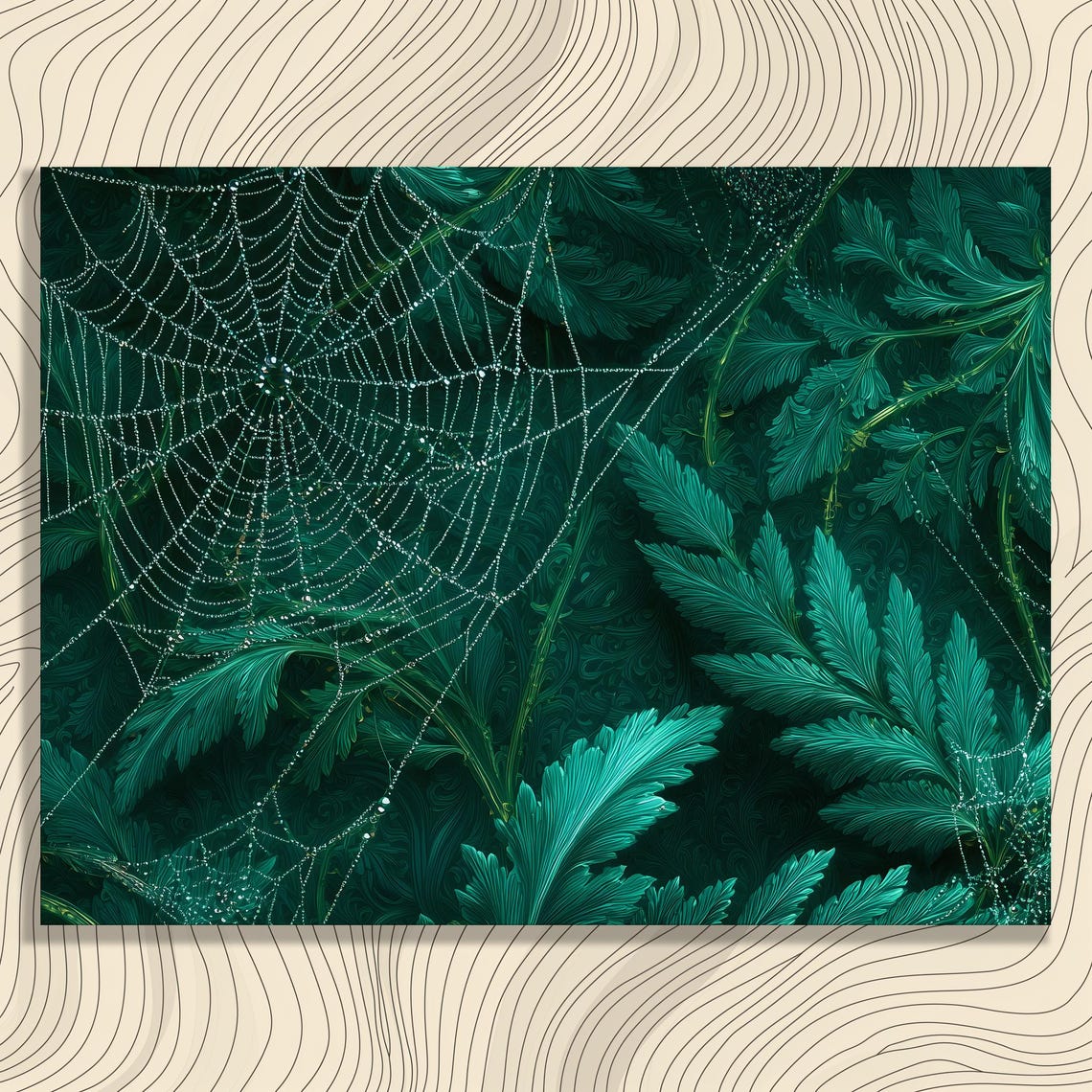 Tropical Fern Spiderweb Canvas Wall Art Botanical Green Foliage Dewdrops Pattern Emerald Jungle Leaves Nature Decor Gift Gallery Wrapped
