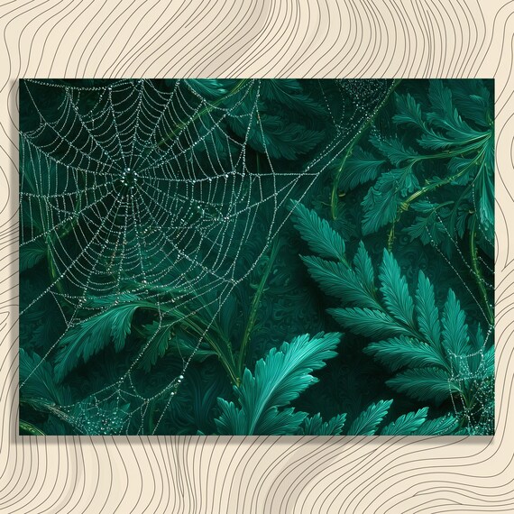 Emerald Spiderweb Dew Fern Leaves Dark Botanical Macro Wall Poster