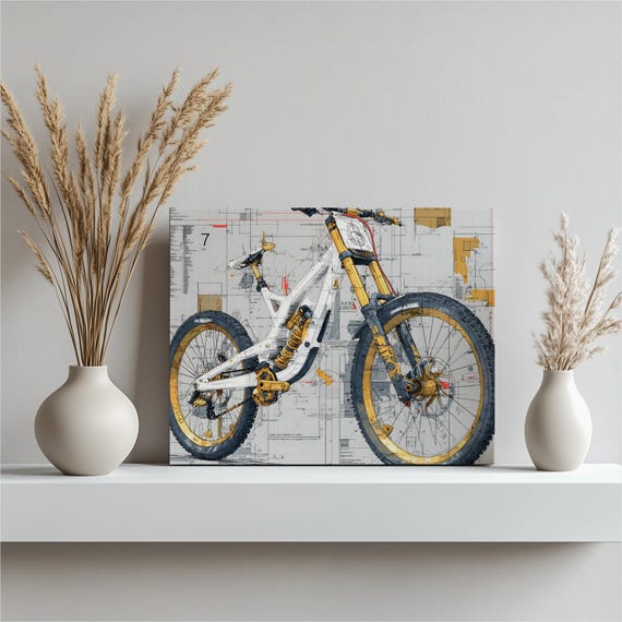 Modern Mountain Bike Canvas Wall Art Technical Blueprint Illustration With Full Suspension Detail White Frame Gold Accents Cycling Print