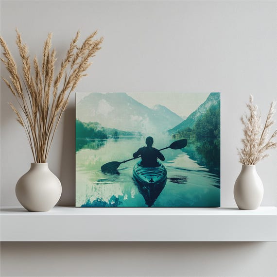 Kayak Art Kayaking Lake Wall Mountains Water Scene Serene Outdoor Nature Travel Adventure