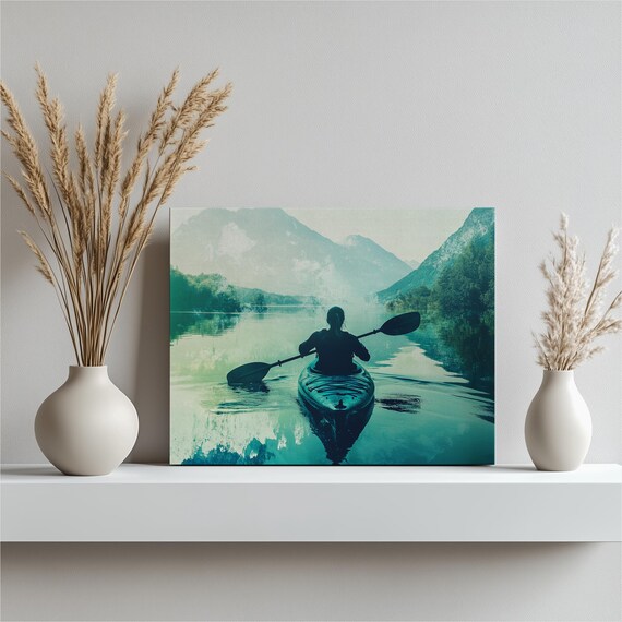 Kayaker on Misty Mountain Lake Serene Watercolor Style Poster