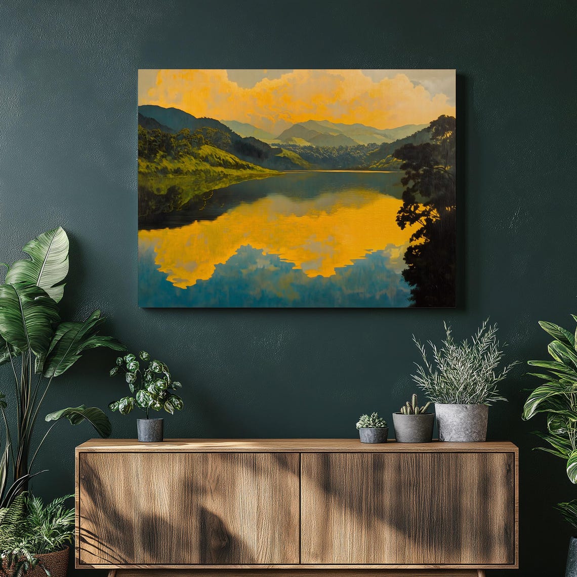 Golden Lake Sunset Mountain Reflection Serene Landscape Wall Art