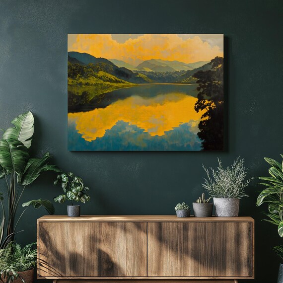 Golden Lake Sunset Mountain Reflection Serene Landscape Wall Art
