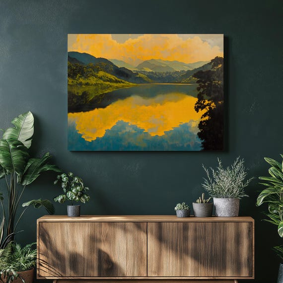 Lake Guatavita Sunset Canvas Wall Art Luminous Golden Reflections Colombia Mountain Landscape Nature Decor Water Large Print