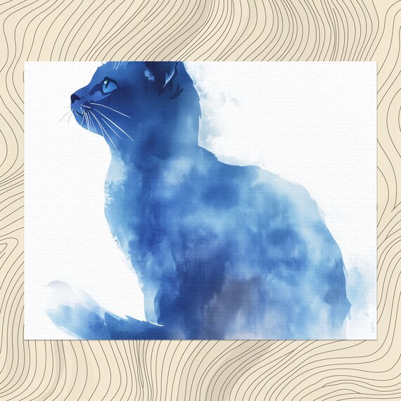 Russian Blue Cat Elegant Moonlight Watercolor Animal Print Art