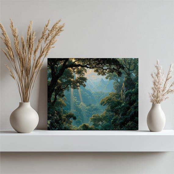 Forest Sunrise Landscape Canvas Wall Art Misty Mountain Nature Print Sunlight Through Trees Scenic Valley Colorful Large Prints