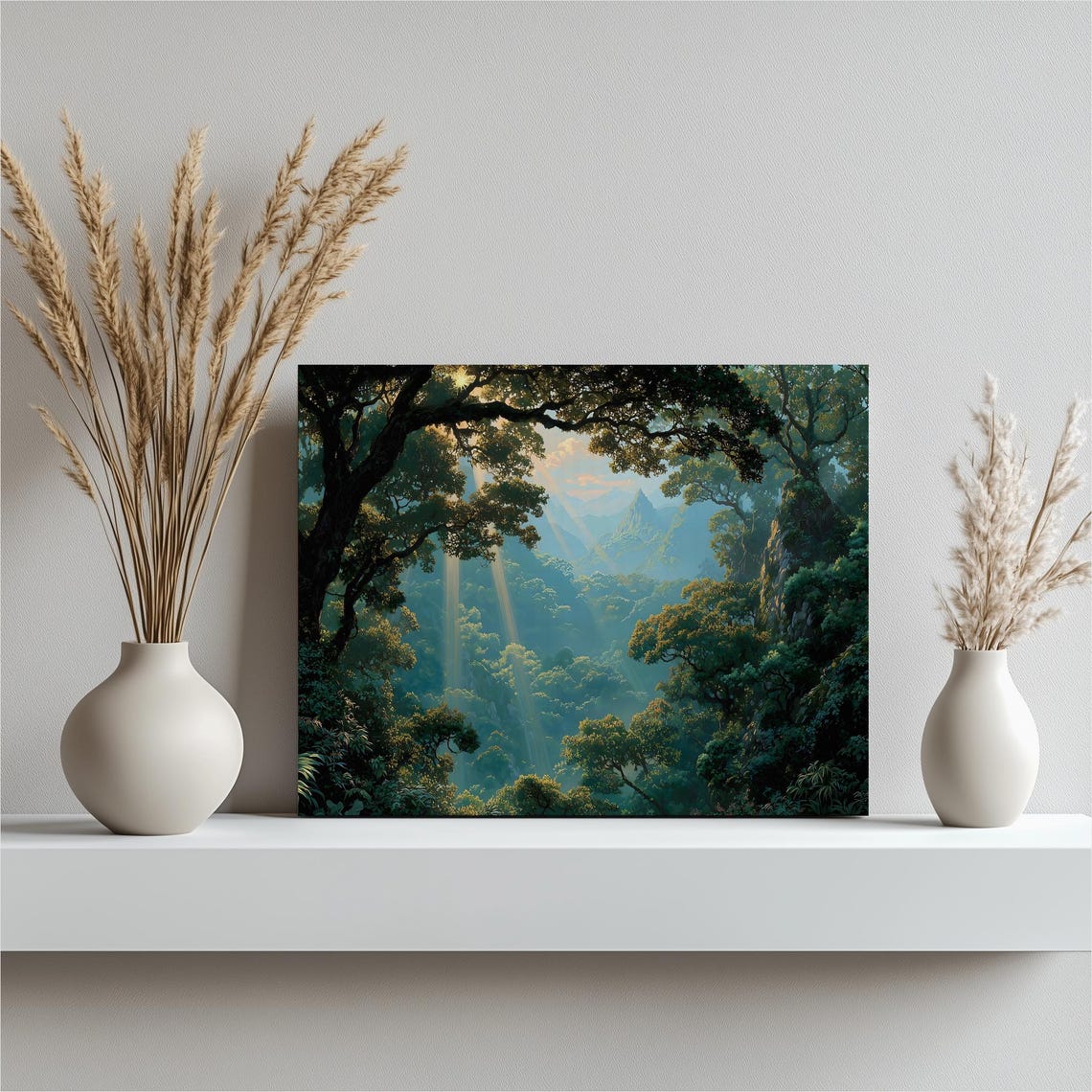 Sunlit Jungle Canopy Waterfall Mountain Light Rays Nature Art Print