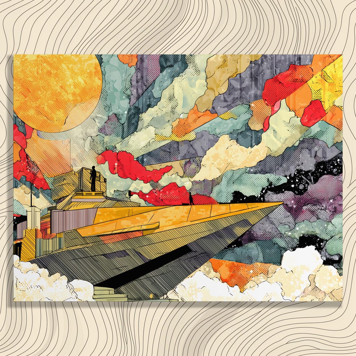 Abstract Pop Art Sun and Clouds With Paper Airplane Colorful Poster