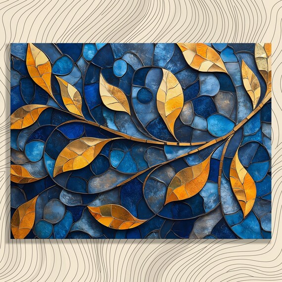 Stained Glass Canvas Wall Art Golden Leaf Abstract Foliage Botanical Print Nature Decor Modern Panel Gift For Enthusiasts