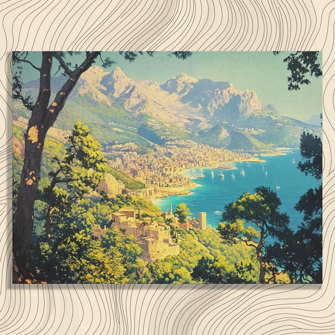 Mediterranean Coastal City Bay Mountains Pine Framed View Poster