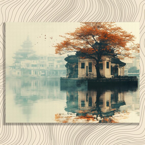 Misty Asian Lake With Pagoda Pavilion And Autumn Tree Art Poster