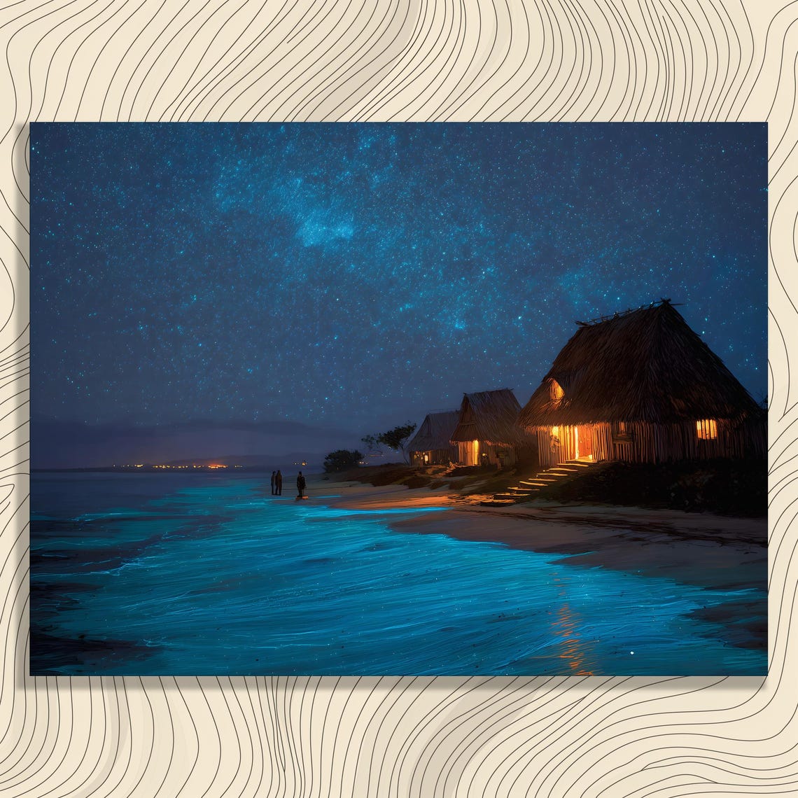 Starry Tropical Beach Canvas Wall Art Milky Way Night Sky Ocean Waves Coastal Decor Painting Seaside Village Huts Starlit Bay