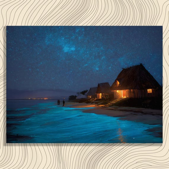 Starry Tropical Beach Canvas Wall Art Milky Way Night Sky Ocean Waves Coastal Decor Painting Seaside Village Huts Starlit Bay