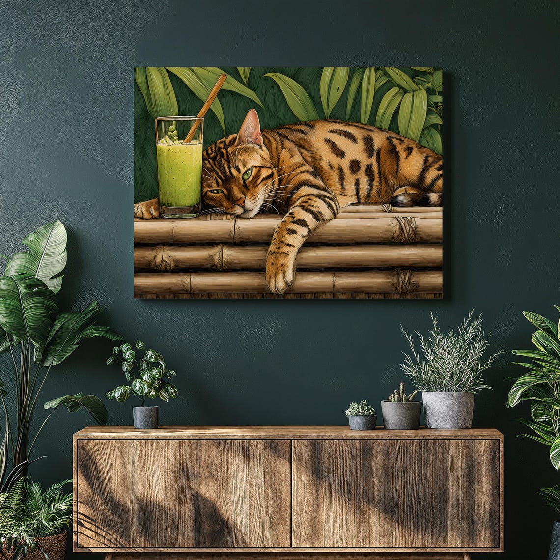 Lazy Bengal Cat Green Smoothie Bamboo Tropical Feline Poster