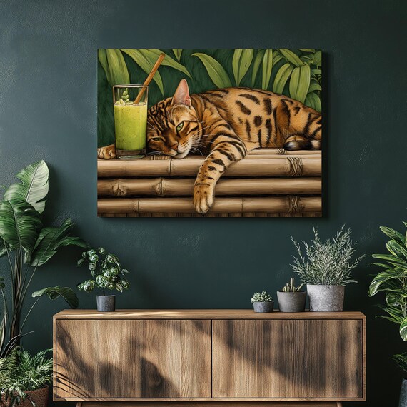 Lazy Bengal Cat Green Smoothie Bamboo Tropical Feline Poster