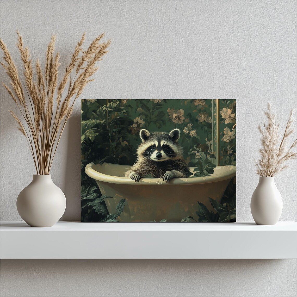 Raccoon Bathtub Scene Illustration Art Print