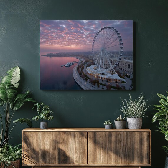 Sunset Ferris Wheel Canvas Wall Art Waterfront City Skyline Print Coastal Decor Modern Seascape Ocean Landscape Painting Travel Gift
