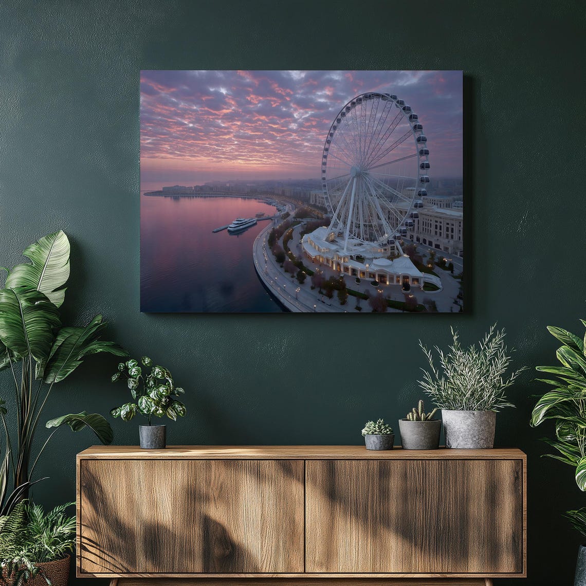 Sunset Ferris Wheel Waterfront City Skyline Harbor Lights Poster