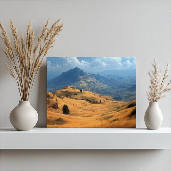 Golden Hills Landscape Canvas Wall Art Traditional Countryside Painting Print Rolling Mountain Range Sky Clouds Nature Decor Gift