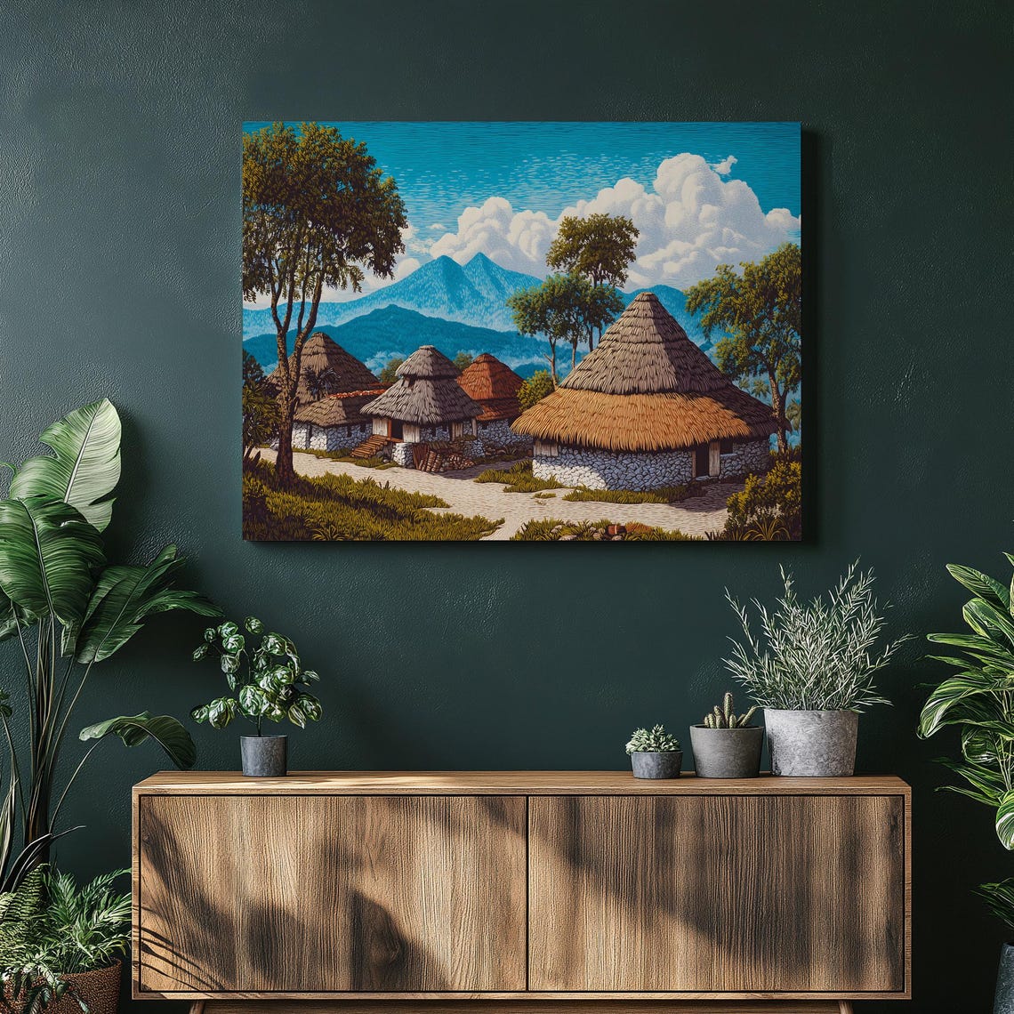 Thatched Village Huts Mountain Landscape Colorful Folk Art Poster