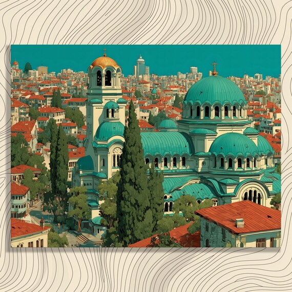 Vibrant Cityscape Canvas Wall Art Turquoise Cathedral Domes Urban Landscape Painting Green Red Impressionism Print Gift Home Decor