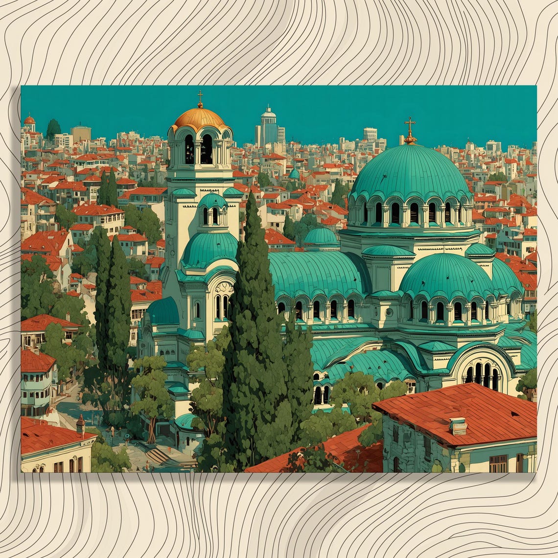 Eastern Orthodox Cathedral Teal Domes Red Rooftops City Poster