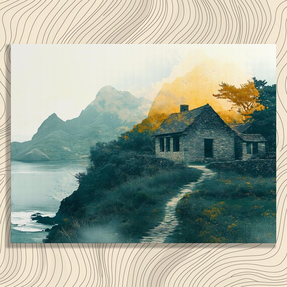 Vintage Stone Cottage Coastal Cliff Misty Mountain Watercolor Poster