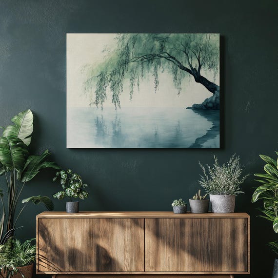 Serene Willow Tree Canvas Wall Art Print Tranquil Nature Painting Decor Gift For Living Room Bedroom Office Hallway Study