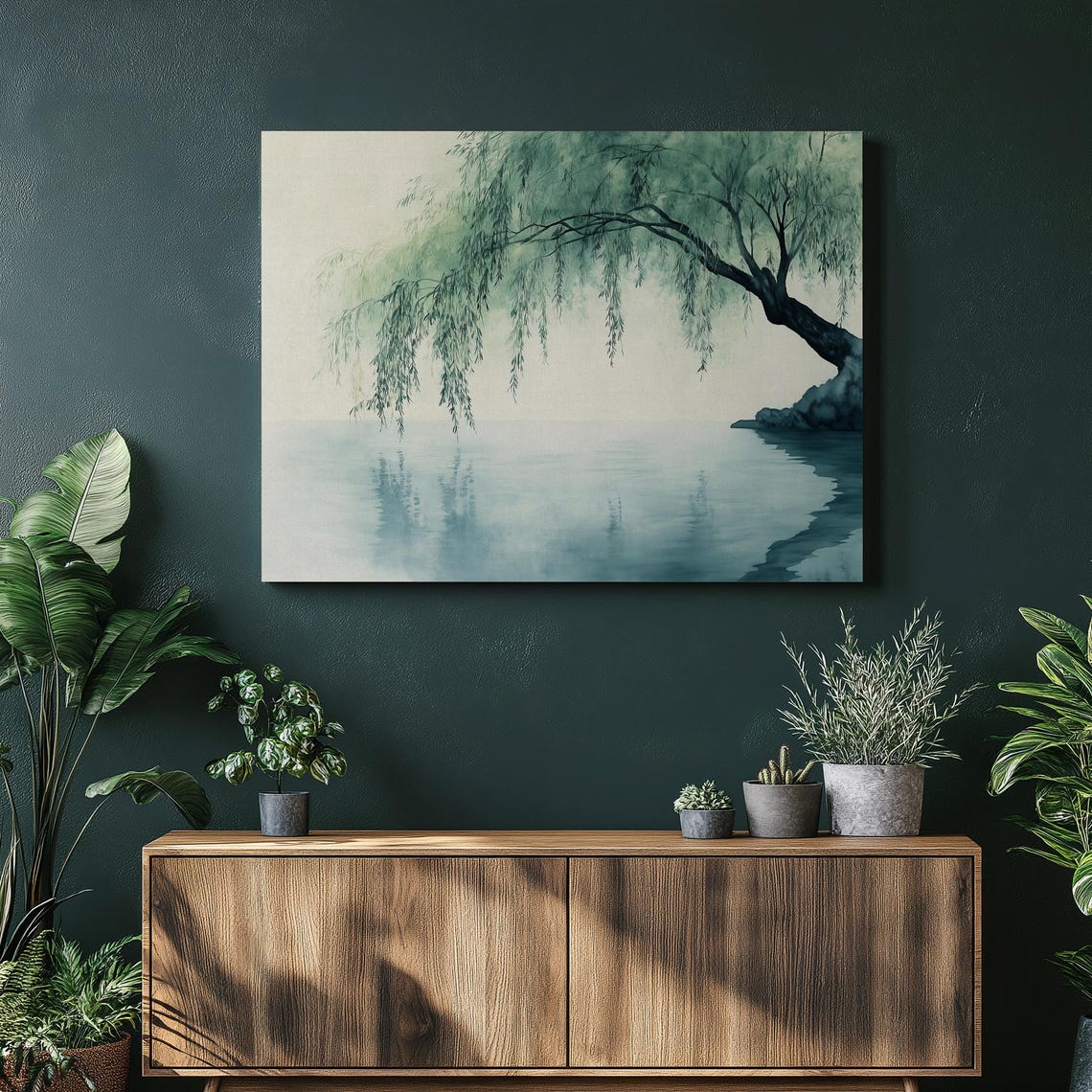 Weeping Willow Over Still Water Misty Serene Nature Art Poster