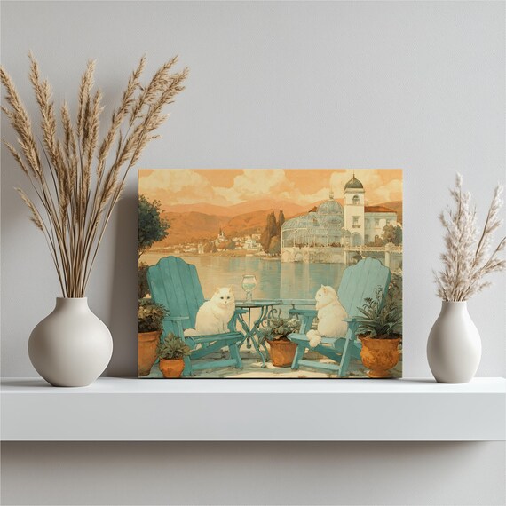 Two White Cats On Turquoise Chairs Lakeside Vintage Art Print