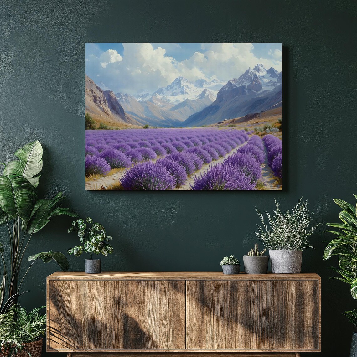 Lavender Field Snowy Mountain Valley Landscape Painting Poster