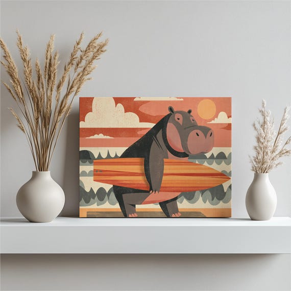 Surfing Hippo Canvas Wall Art Retro Tropical Animal Illustration Beach Sunset Ocean Waves Surfboard Print Coastal Decor Midcentury Modern