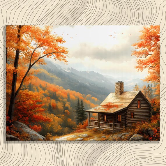 Cozy Autumn Cabin Canvas Wall Art Rustic Fall Landscape Painting Print Nature Lovers Gift Decor Hand Painted Forest Scenery