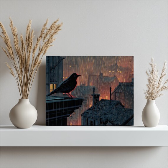 Dark Rainy City Blackbird Canvas Wall Art Moody Urban Skyline Painting Print Decor Cityscape Bird Silhouette Night