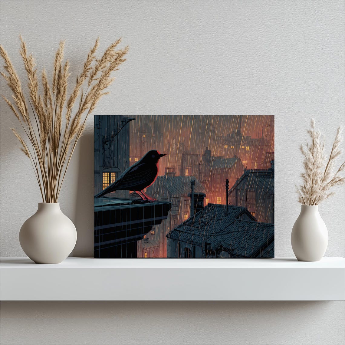 Blackbird On Rainy Rooftop Moody City Night Illustration Bird Poster